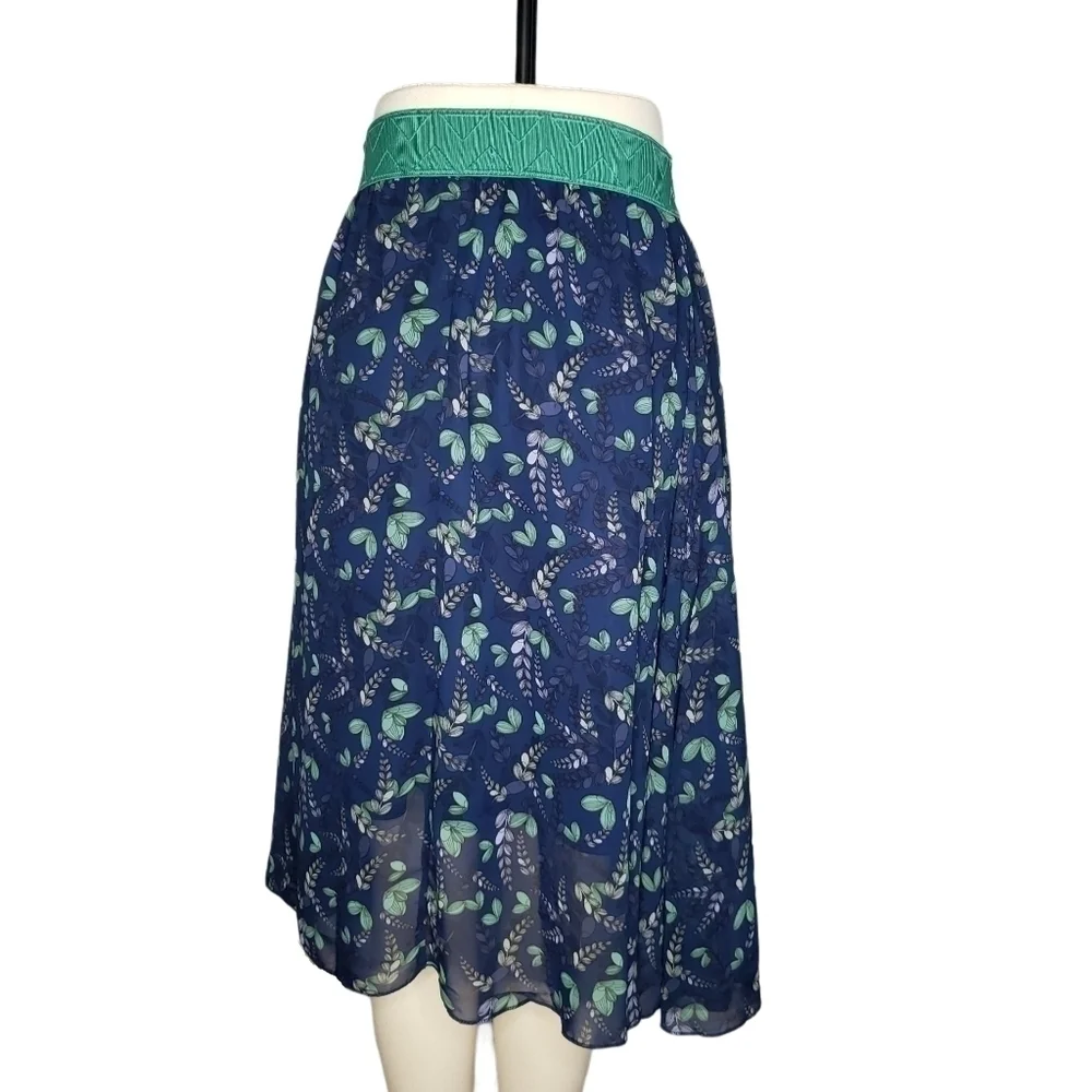 LuLaRoe Lola Skirt Navy Floral Chiffon Overlay Lined Boho A Line Midi Size XS